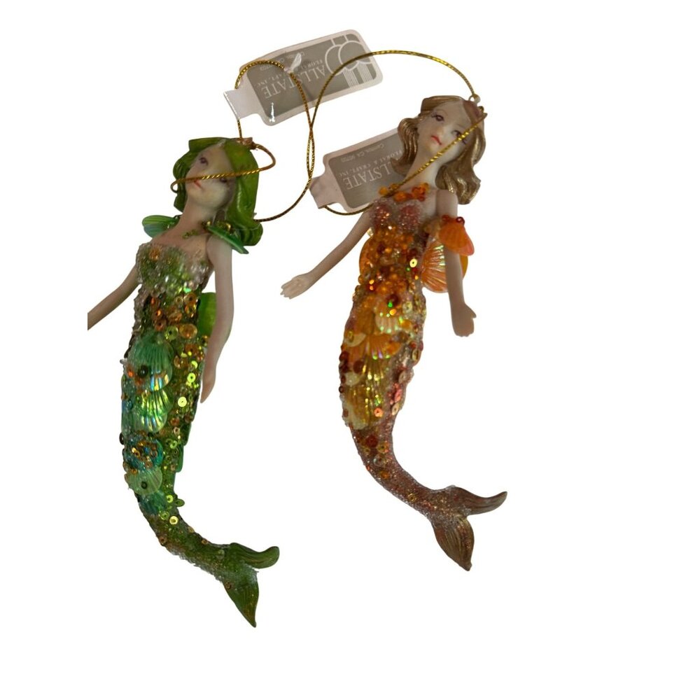 Allstate Mermaid Holiday Ornaments Orange & Green Sequined 6.5 Inch Set Of 2 - Picture 3 of 5